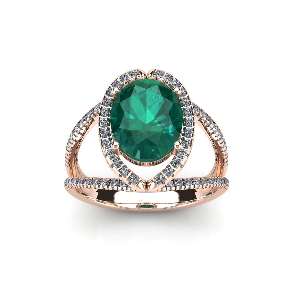 1 1/2 Carat Oval Shape Emerald And Halo Diamond Ring In 14 Karat Rose Gold