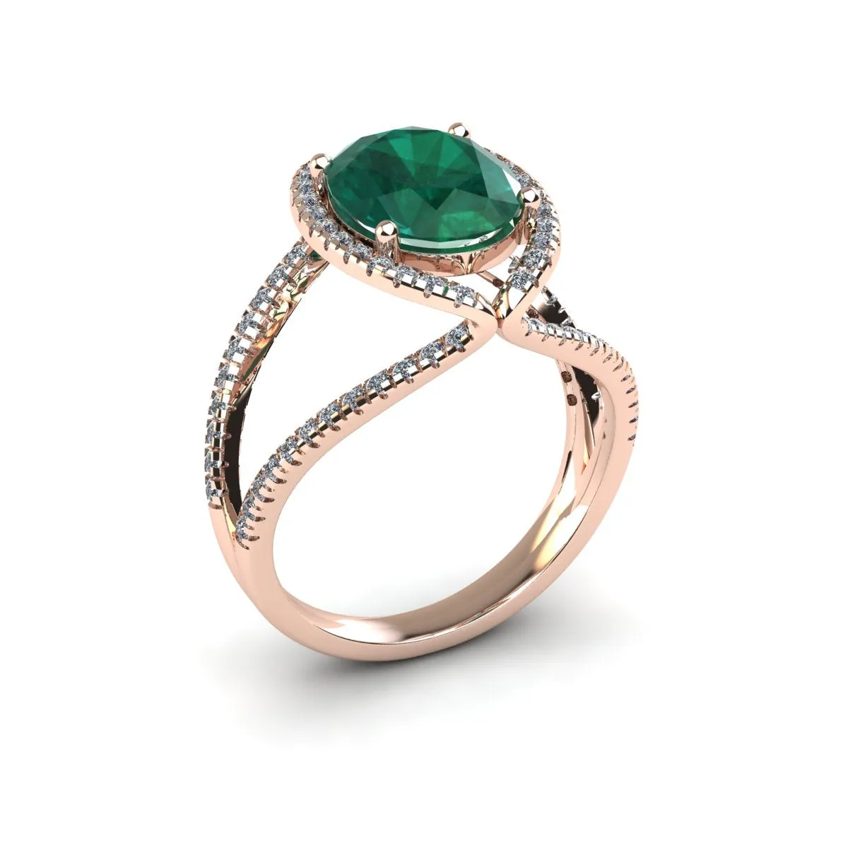 1 1/2 Carat Oval Shape Emerald And Halo Diamond Ring In 14 Karat Rose Gold