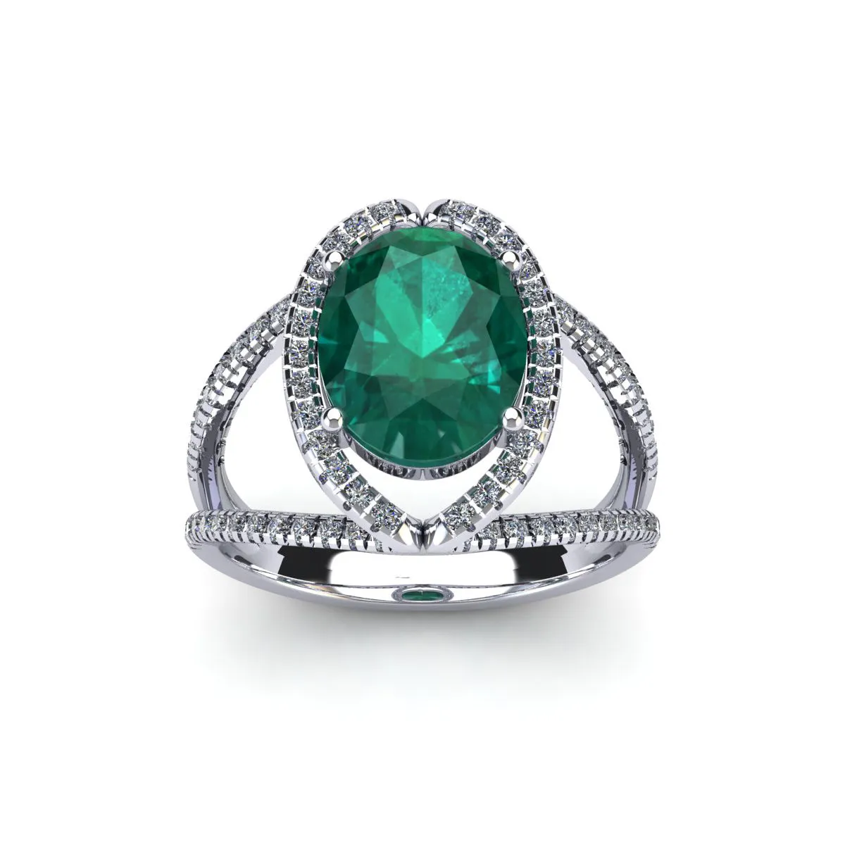 1 1/2 Carat Oval Shape Emerald And Halo Diamond Ring In 14 Karat White Gold