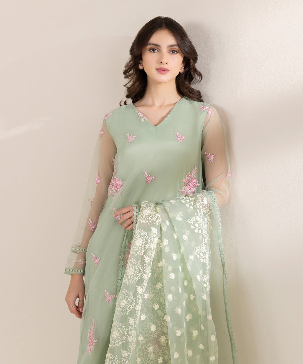 3 Piece - Embroidered Organza Suit