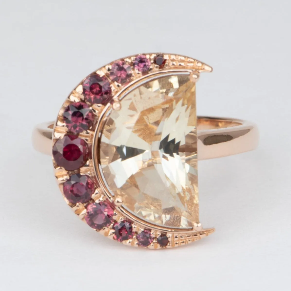 3.33ct Half Moon Oregon Sunstone with Garnet Halo 14K Rose Gold Ring R6556