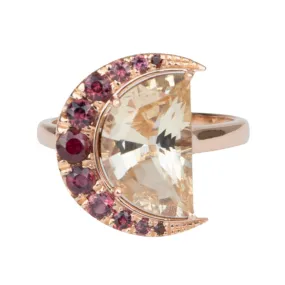 3.33ct Half Moon Oregon Sunstone with Garnet Halo 14K Rose Gold Ring R6556