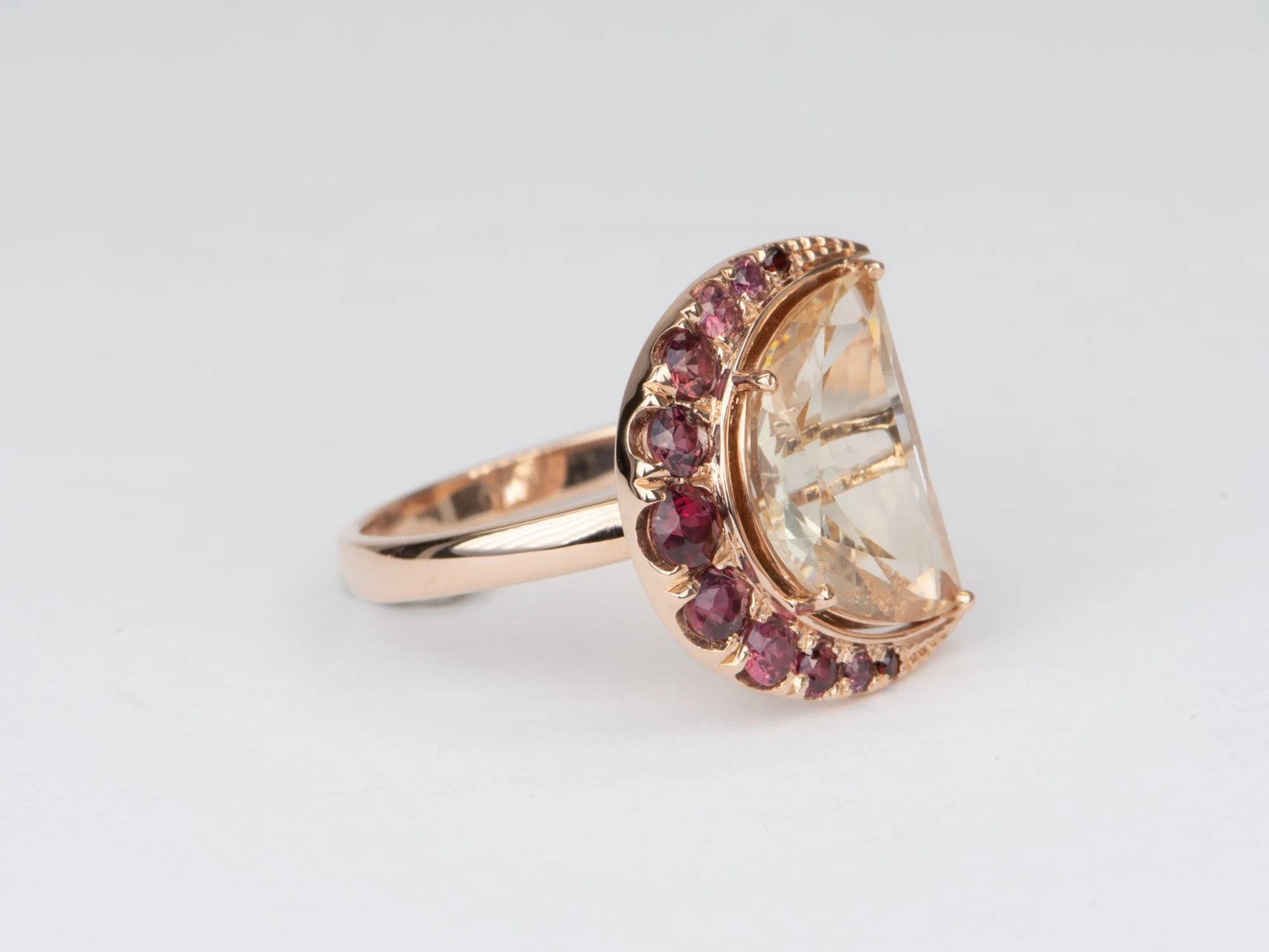 3.33ct Half Moon Oregon Sunstone with Garnet Halo 14K Rose Gold Ring R6556