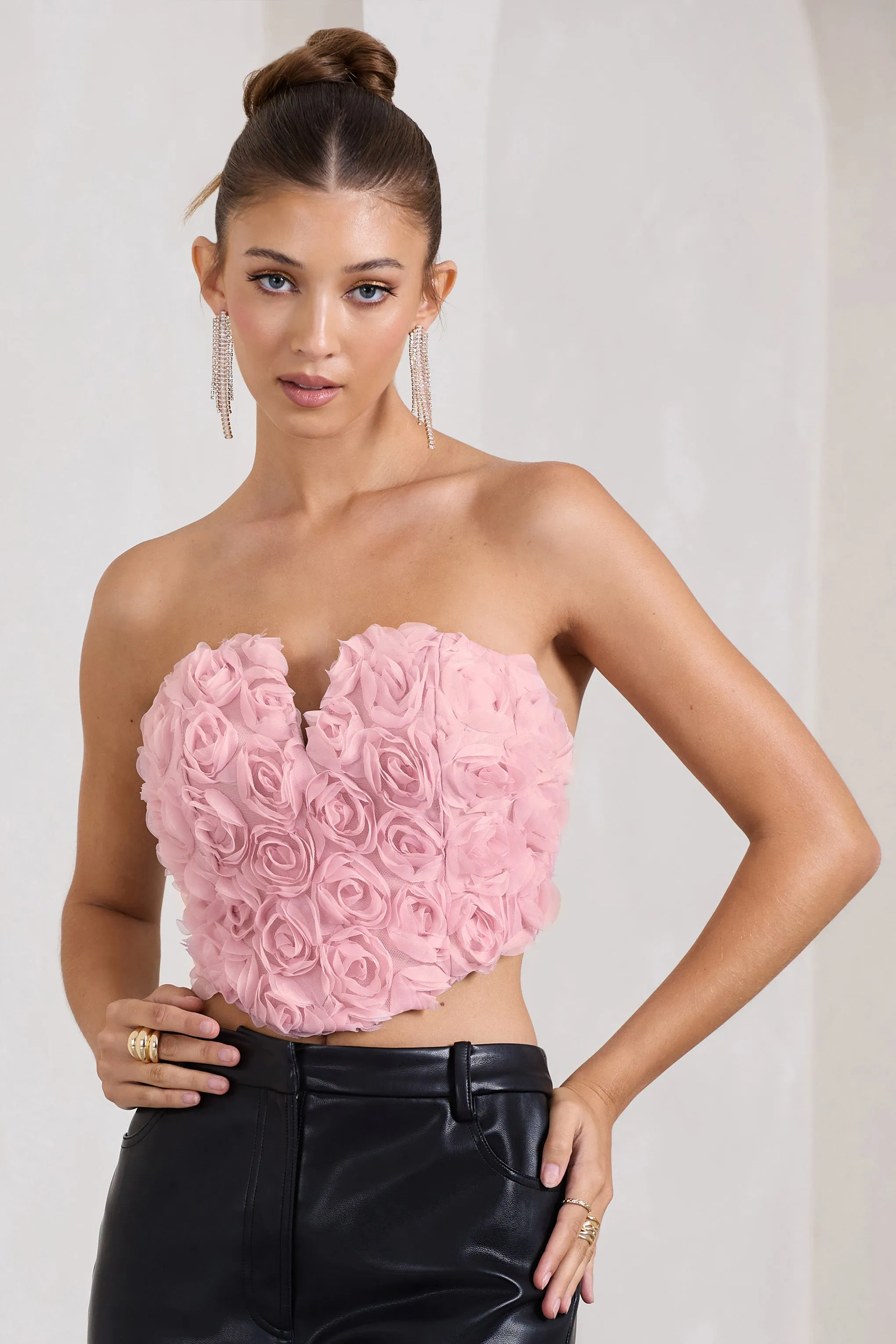 Alicia | Blush Pink Floral Mesh Strapless Corset Top