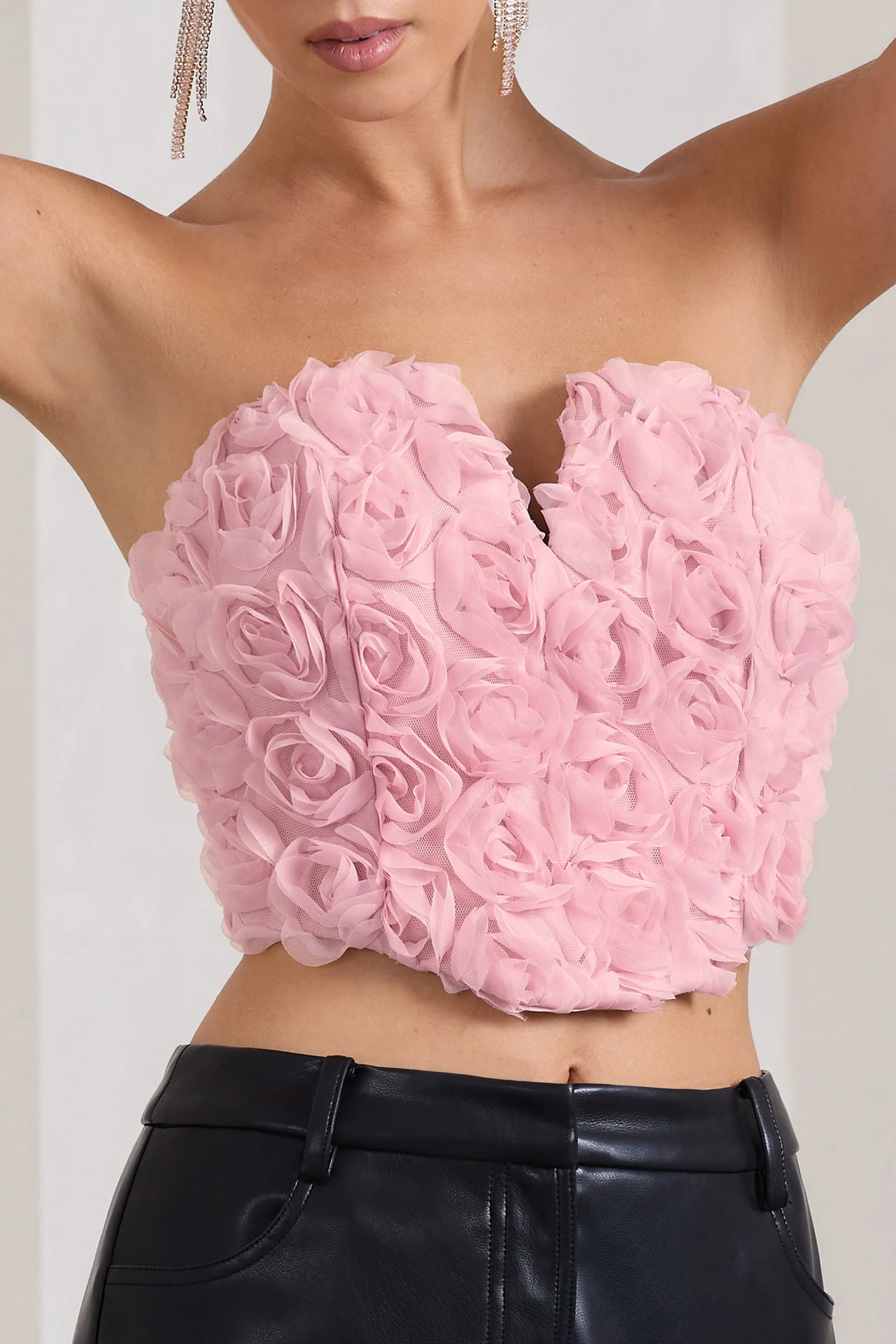 Alicia | Blush Pink Floral Mesh Strapless Corset Top