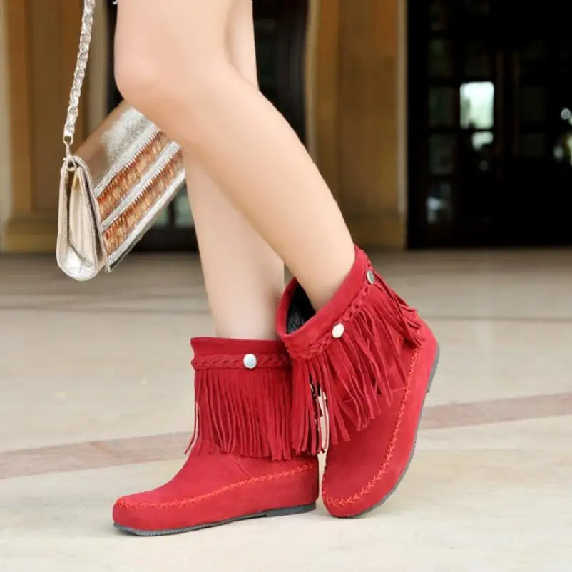 Ashore Shop boho ethnic national women tassel fringe Faux suede leather ankle boots