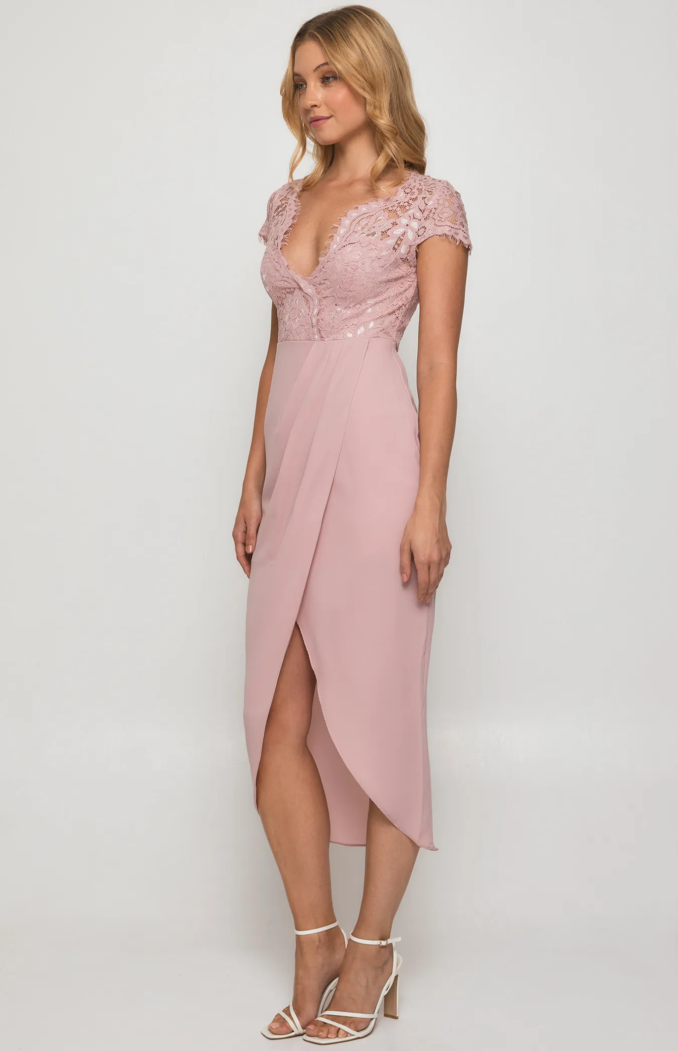 Asymmetric Hemline Dress with Embroidery Lace Top (SDR411A)