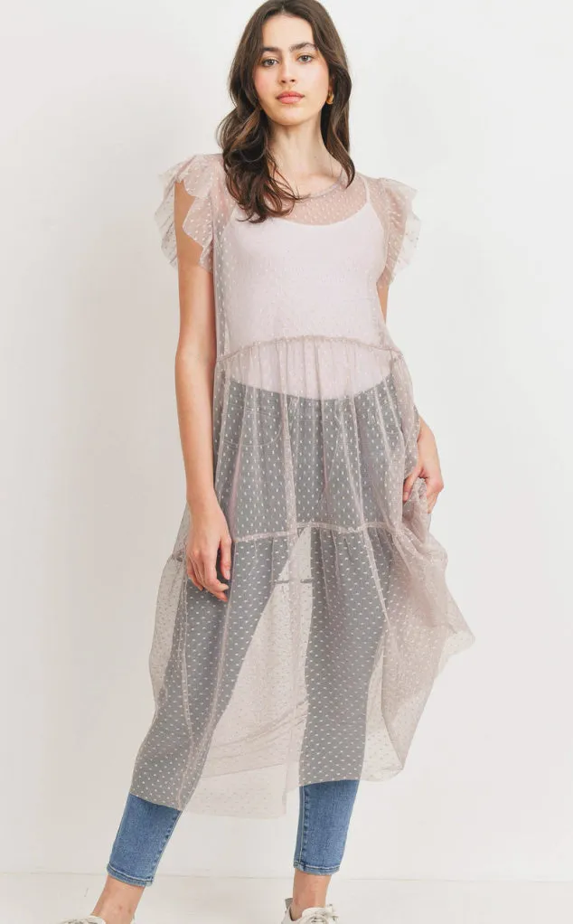 Averrie Polka Dot Mesh Tunic w/ Ruffle Sleeves