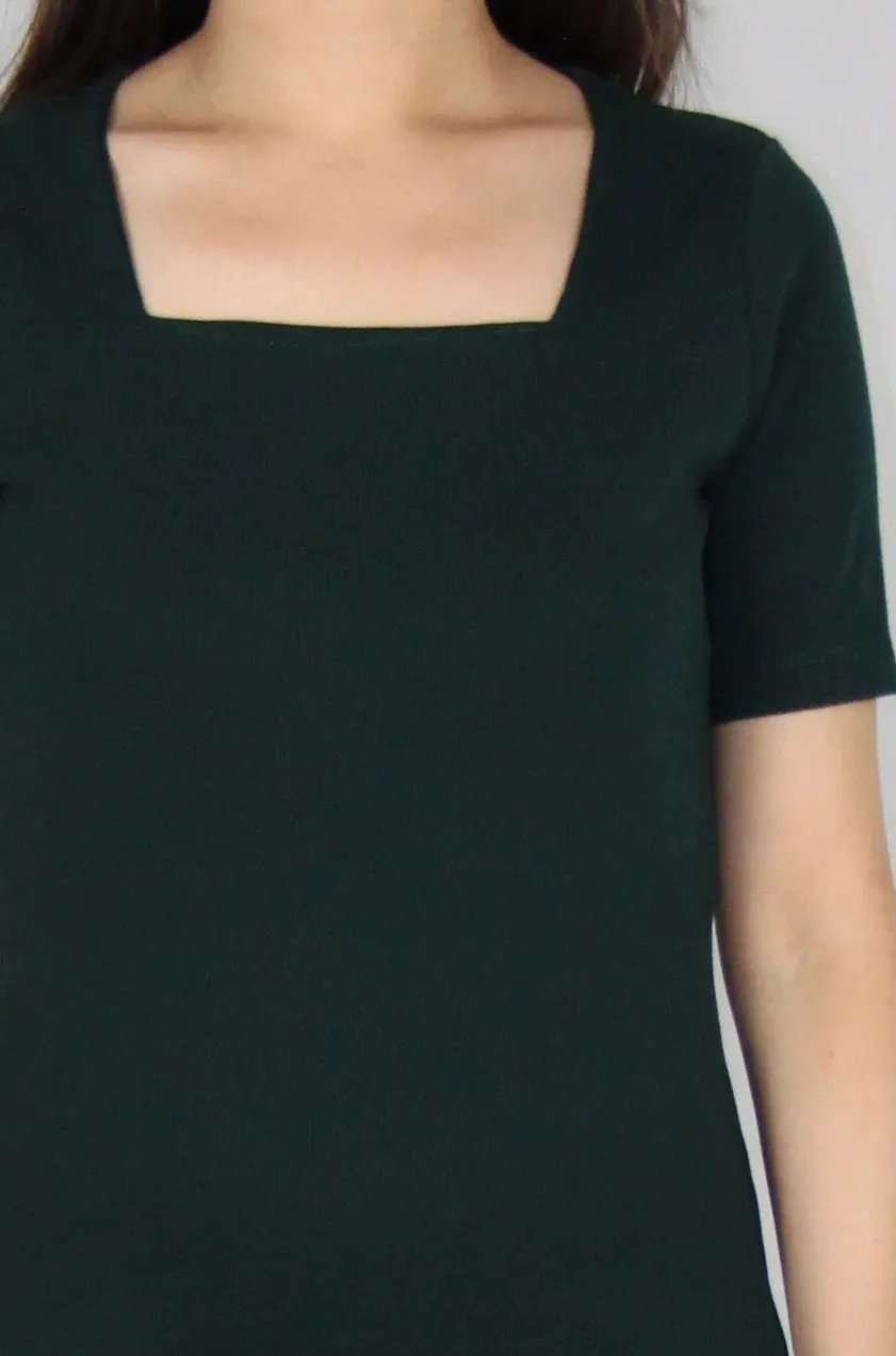 Basic Square Neck Dress in Dark Green