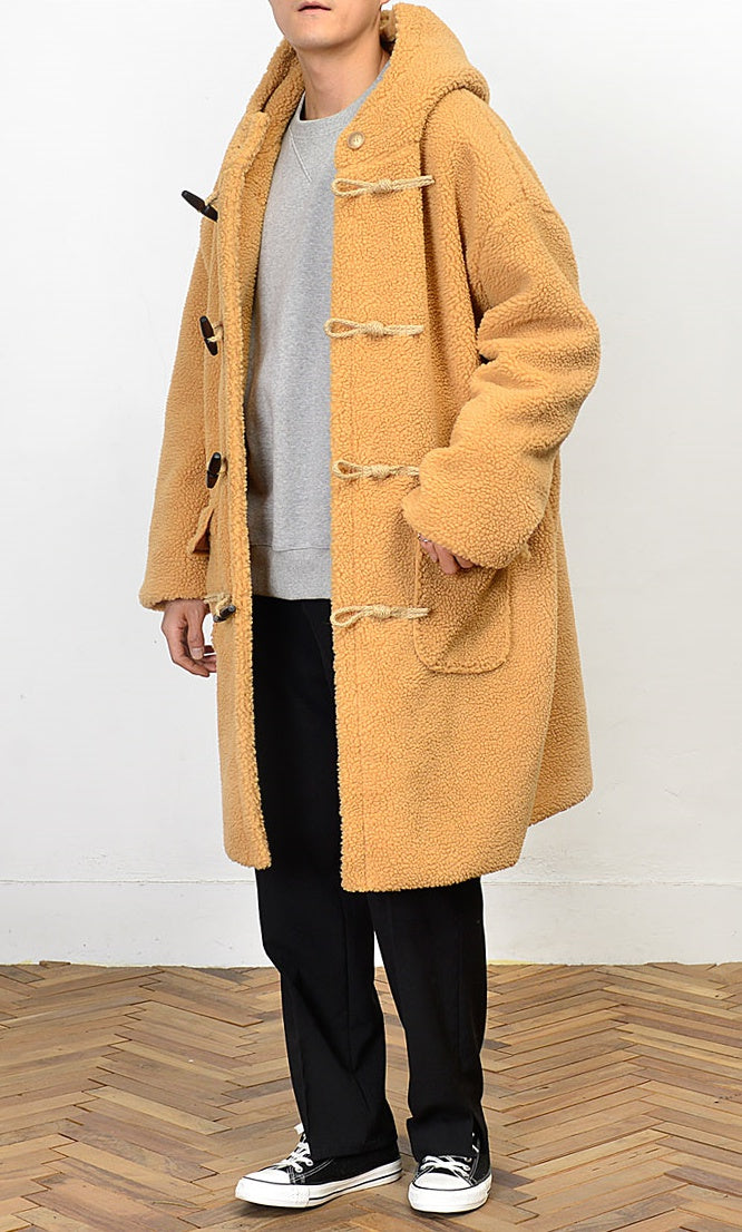 Beige Shearling Toggle Long Coats Mens Winter Outerwear Duffle Hooded