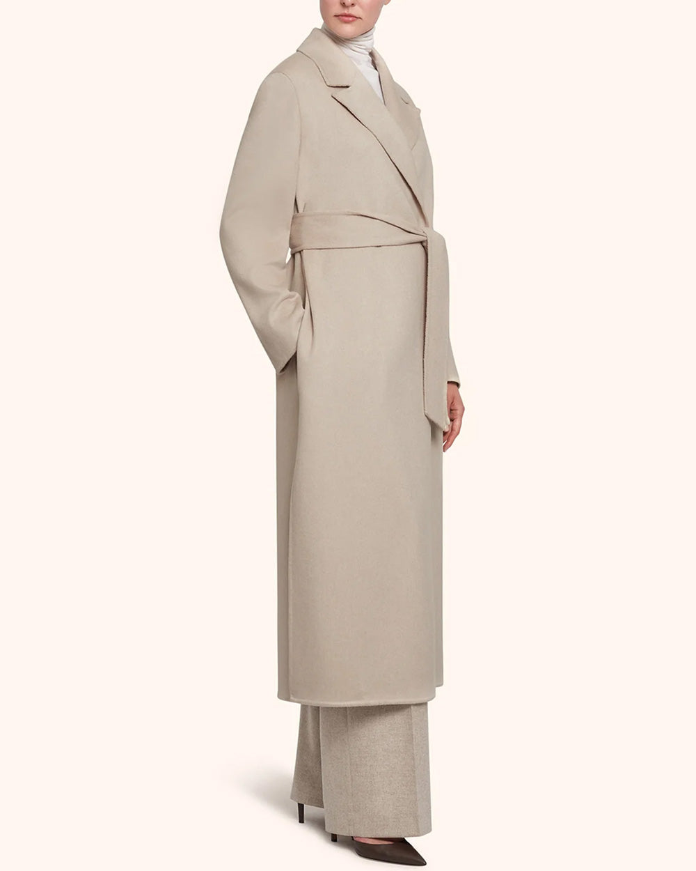 Beige Tie Waist Long Overcoat