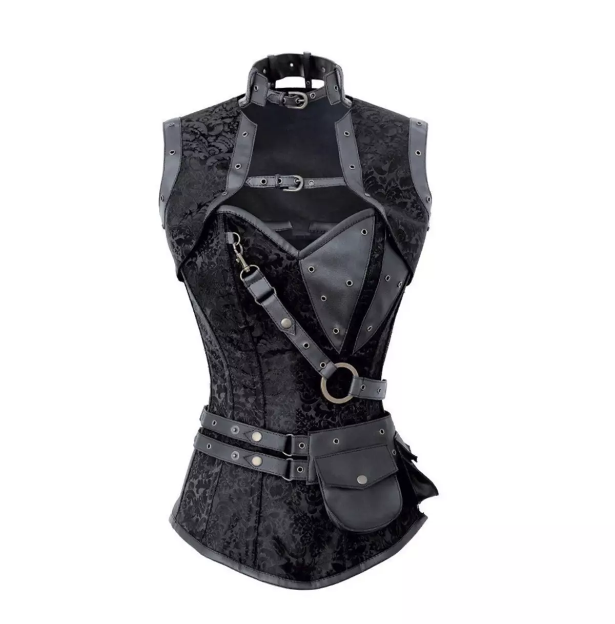 Black Brocade Overbust Corset With Badass Side Zipper & PU Leather Flair