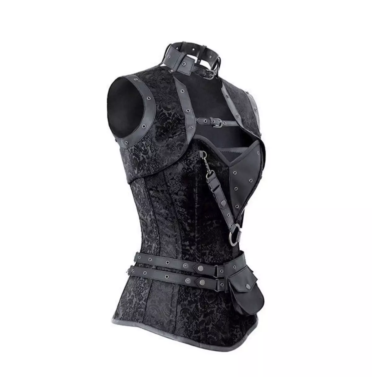 Black Brocade Overbust Corset With Badass Side Zipper & PU Leather Flair