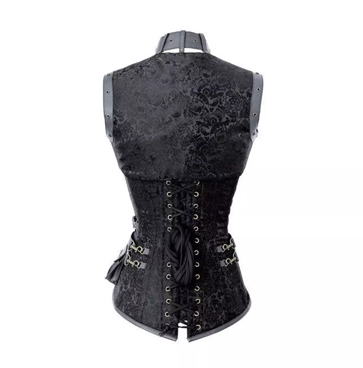 Black Brocade Overbust Corset With Badass Side Zipper & PU Leather Flair