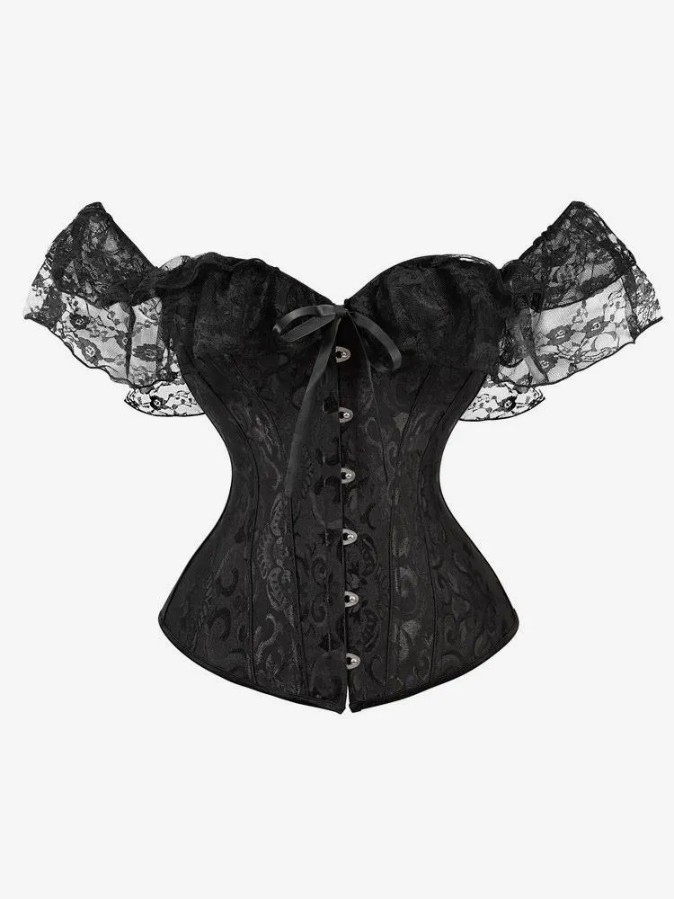 Black V-Neck Sexy Lace-up Lace Printed Woman's Corset For Women