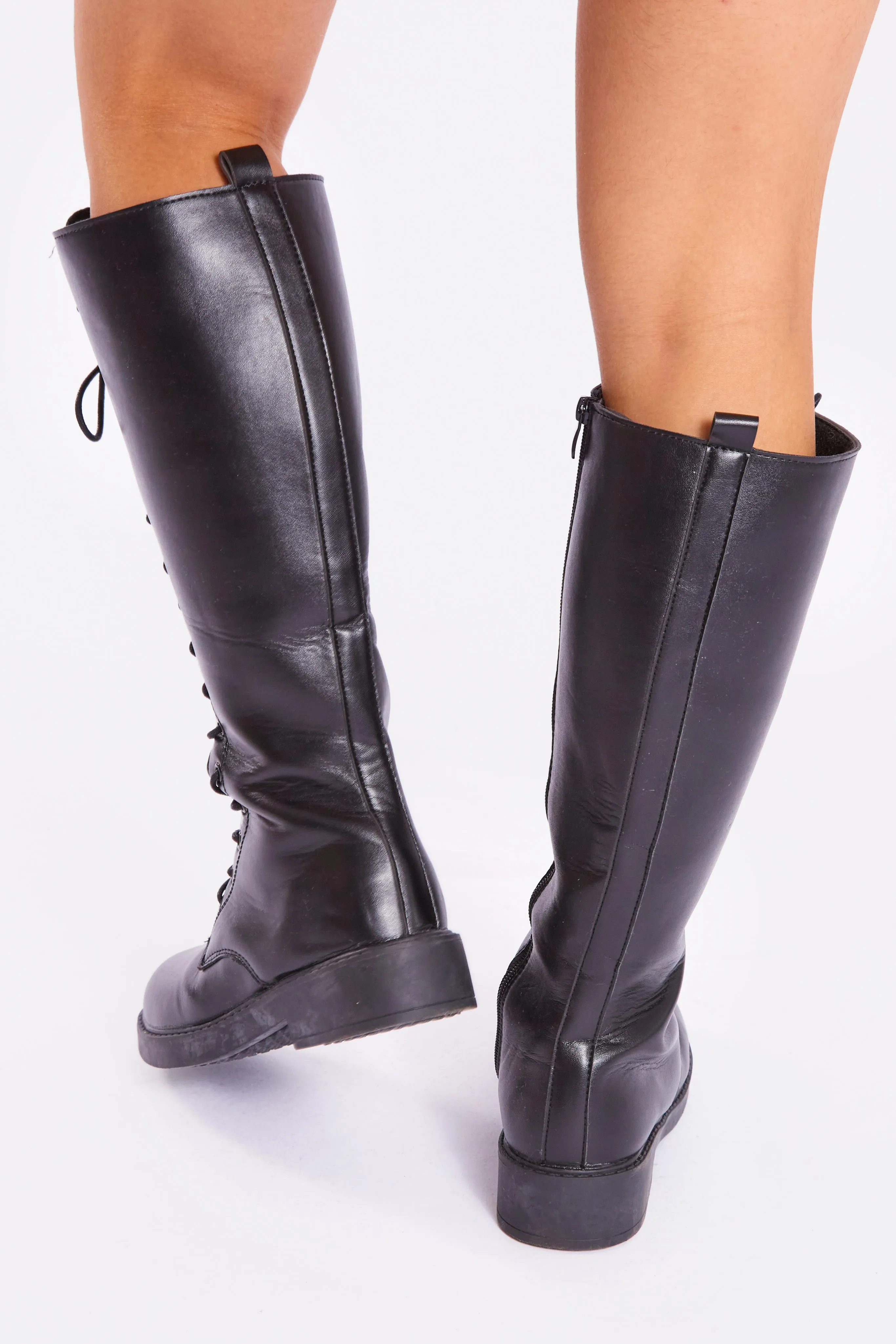 Black Black Lace Up Knee High Boots