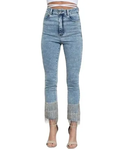 Blue B Layered Rhinestone Fringe Denim Pants In Denim Blue