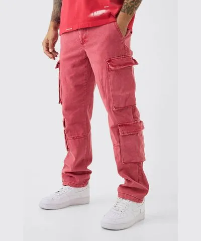 boohoo Mens Straight Heavyweight Twill Acid Washed Cargo Pants