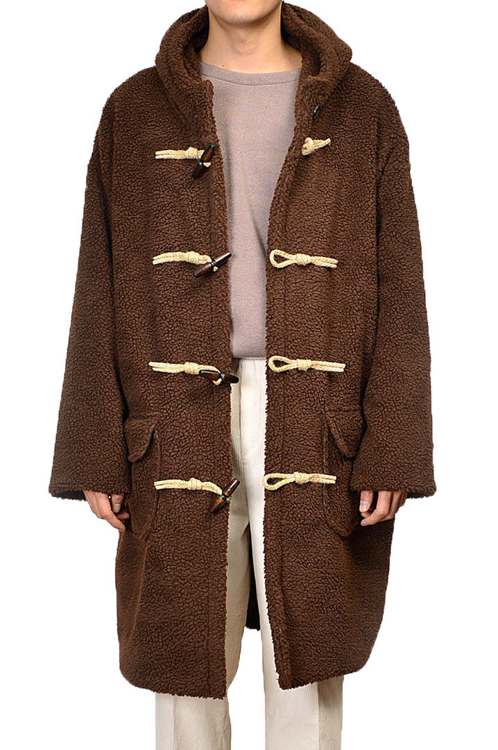 Brown Shearling Toggle Long Coats Mens Winter Outerwear Duffle Hooded