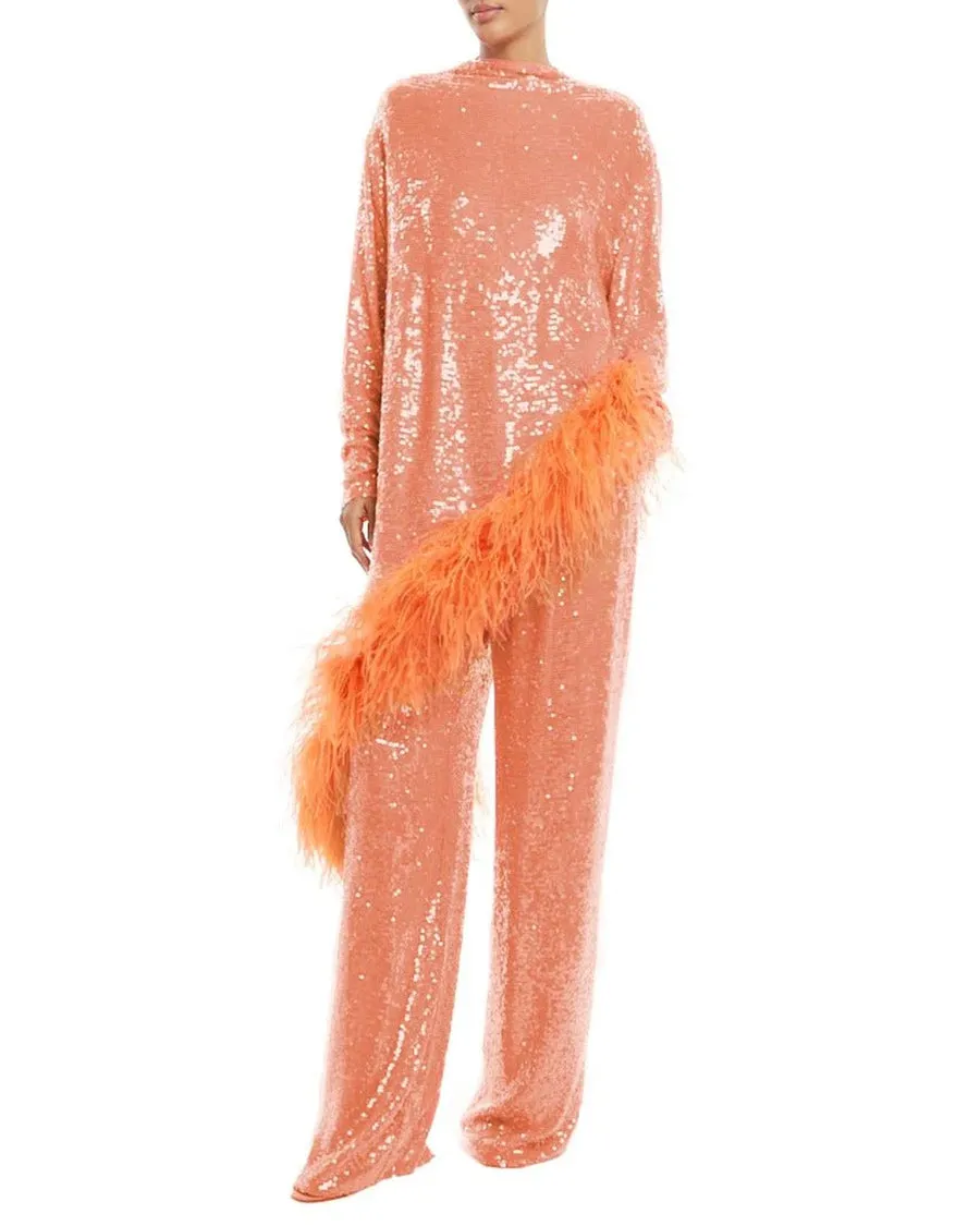 Coral Sequin Ostrich Feather Asymmetrical Tunic