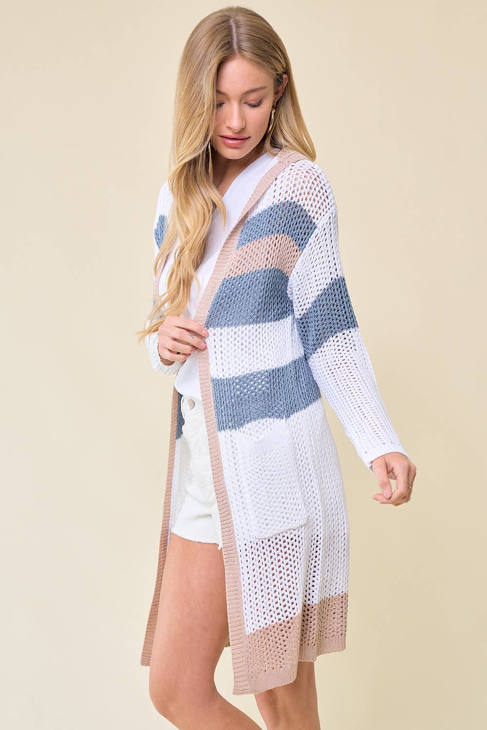 Doe and Rae - Multi Stripe Hoodie Cardigan - 10138J: M / Sand/Seafoam