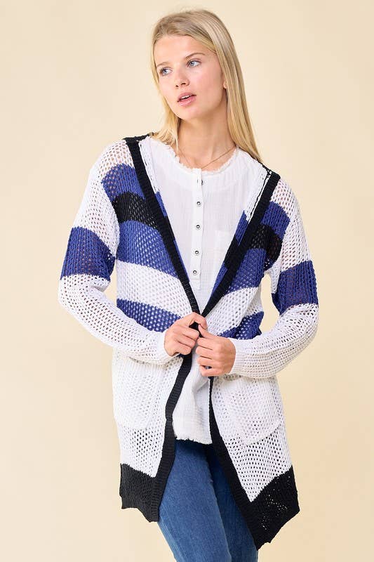 Doe and Rae - Multi Stripe Hoodie Cardigan - 10138J: S / Sand/Seafoam