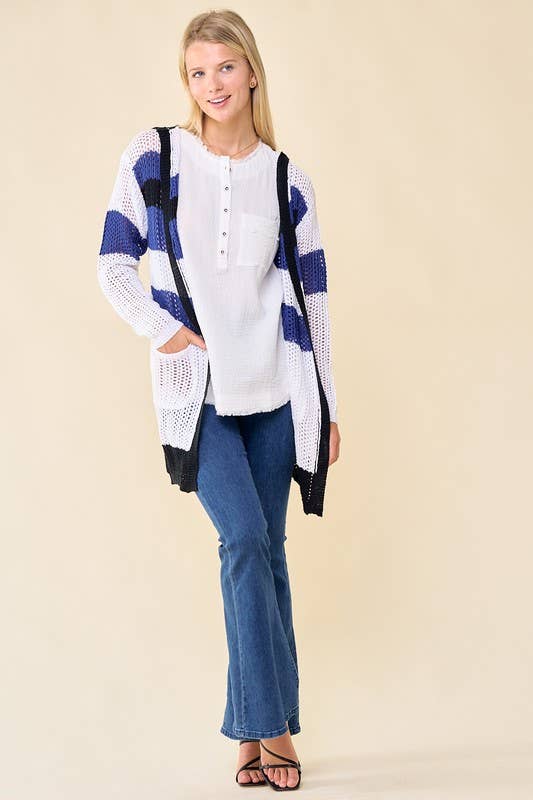 Doe and Rae - Multi Stripe Hoodie Cardigan - 10138J: S / Sand/Seafoam