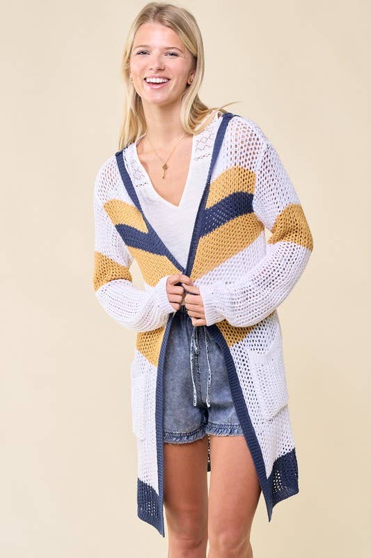 Doe and Rae - Multi Stripe Hoodie Cardigan - 10138J: S / Sand/Seafoam