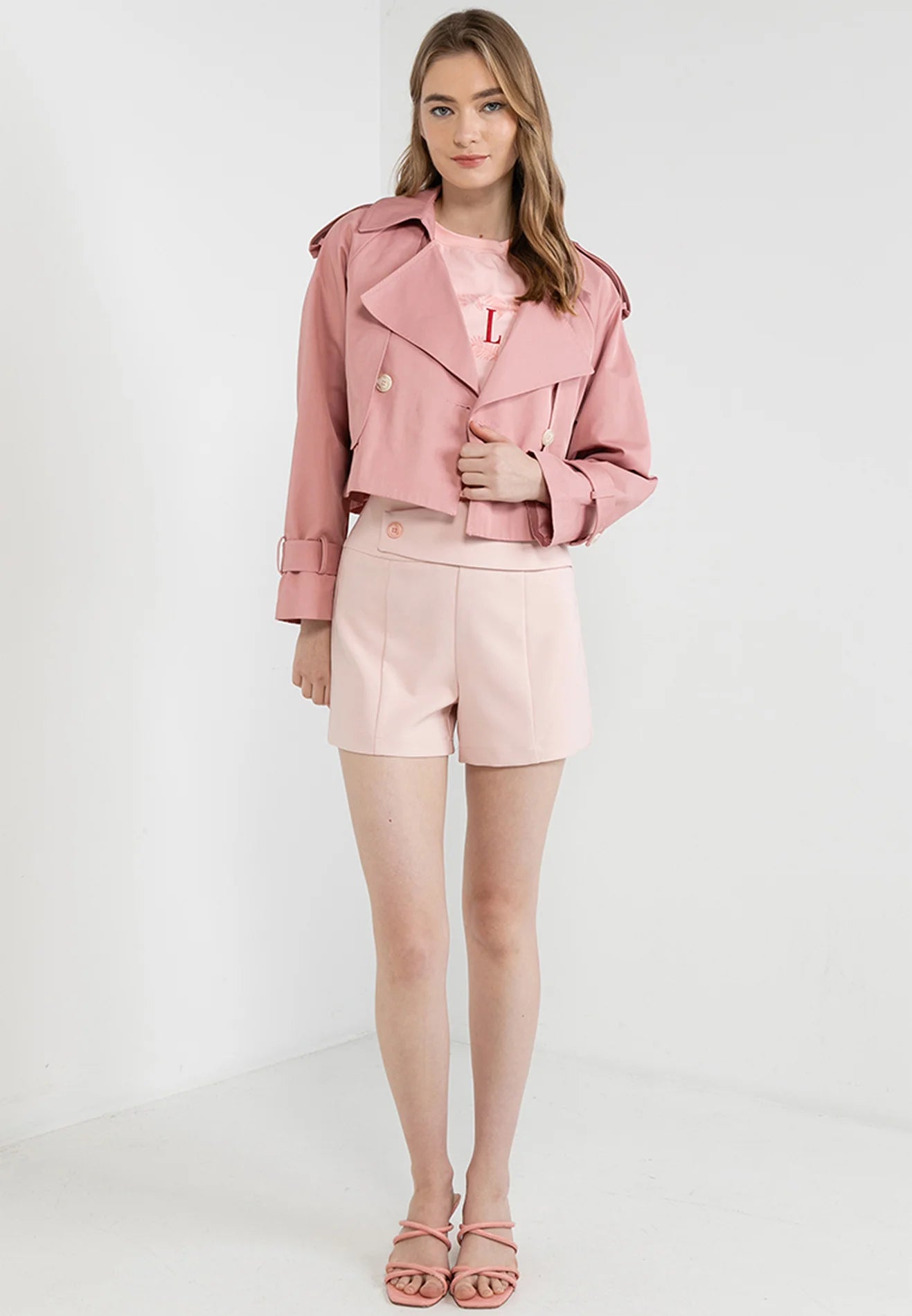 ELLE Apparel Buttoned Lapel Cropped Trenchcoat