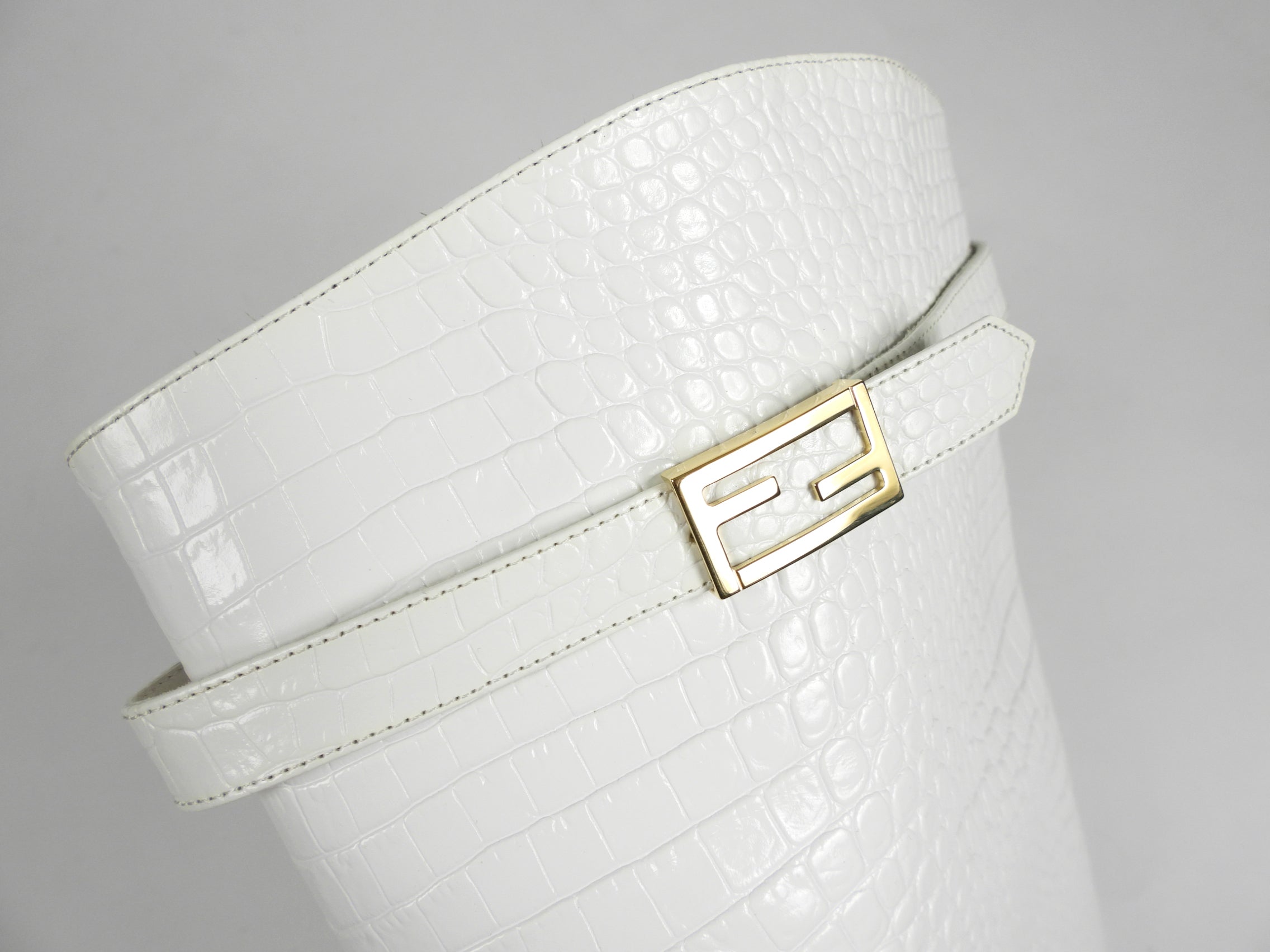 Fendi White Croc-Embossed Knee-High Block Heel Boots - EU40