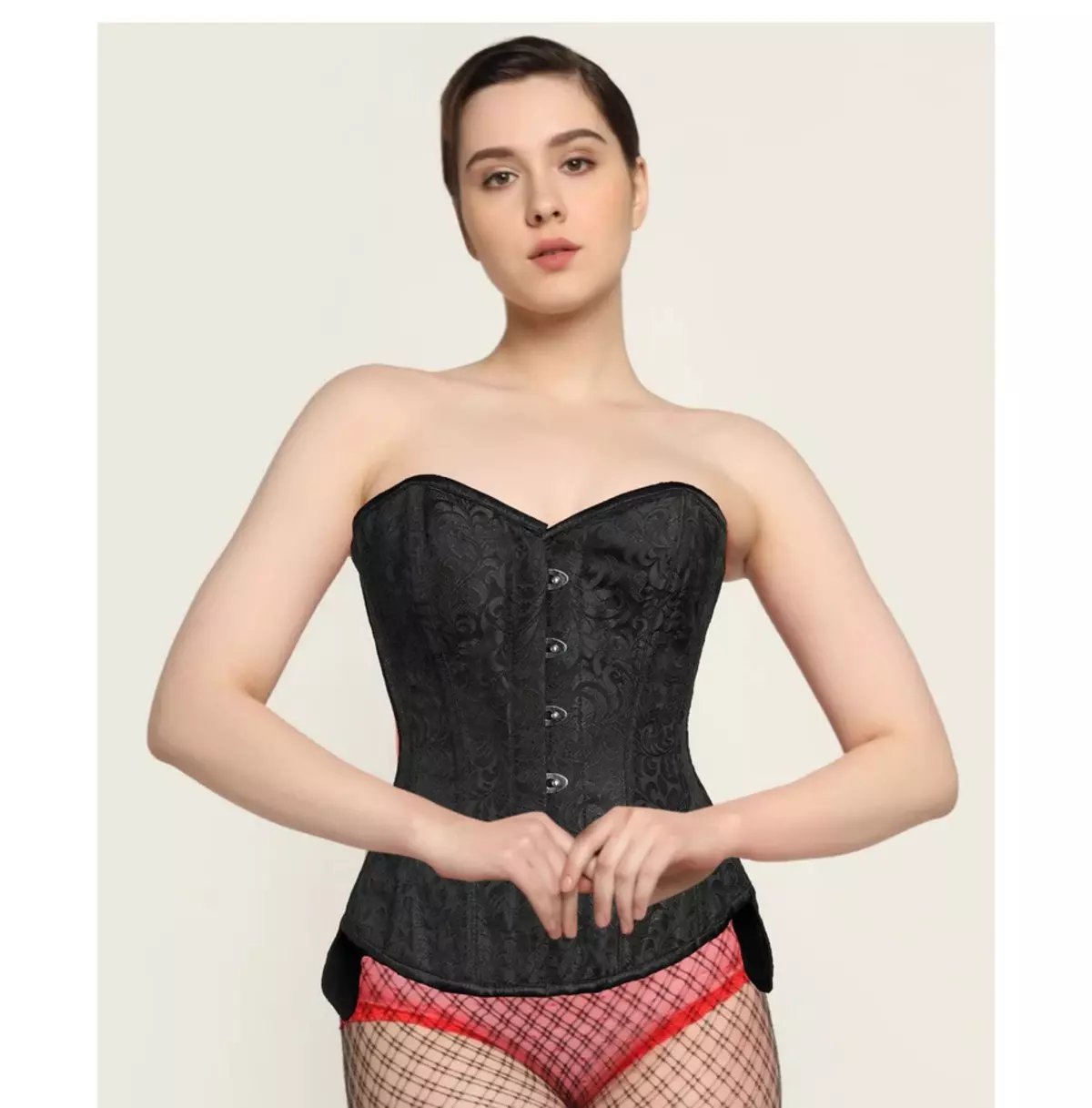 Gothic Black Brocade Overbust Corset With Spiral & Flat Steel Boning