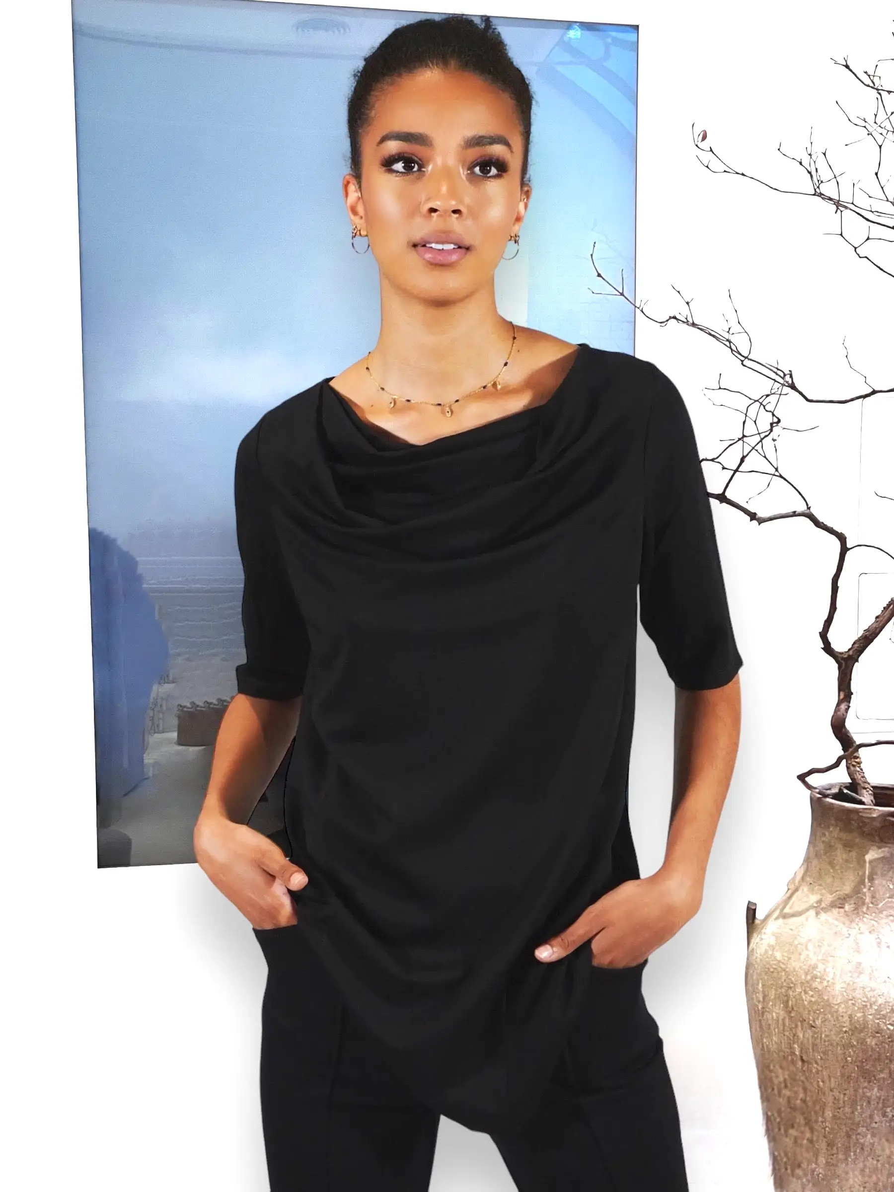 Lightweight Stretch Draped Neck Tunic - The Wall