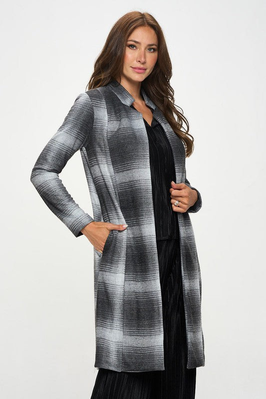 Made in USA Plaid Open Front Coat with Collar