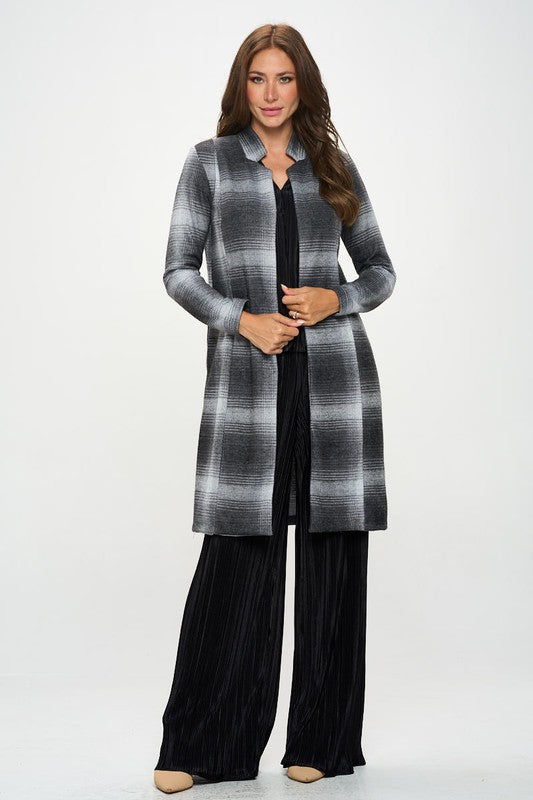 Made in USA Plaid Open Front Coat with Collar