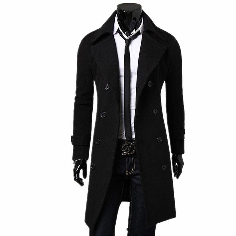 Men's Fashion Designer Black XL Double-Breasted Windproof Slim Long Trench Coat on Clearance