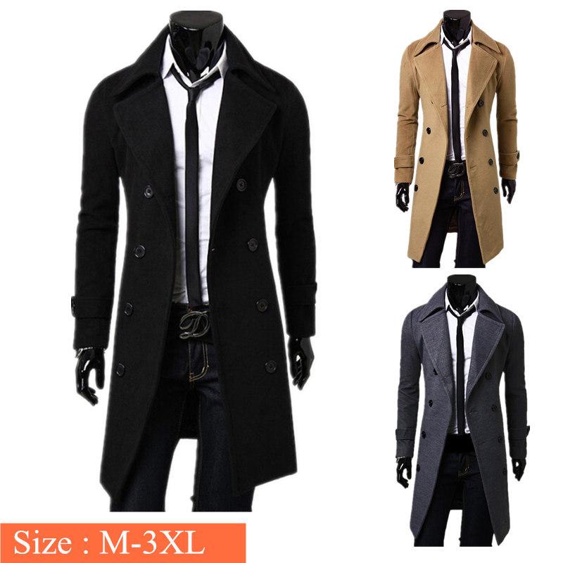 Men's Fashion Designer Black XL Double-Breasted Windproof Slim Long Trench Coat on Clearance