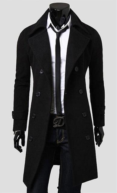 Men's Fashion Designer Black XL Double-Breasted Windproof Slim Long Trench Coat on Clearance