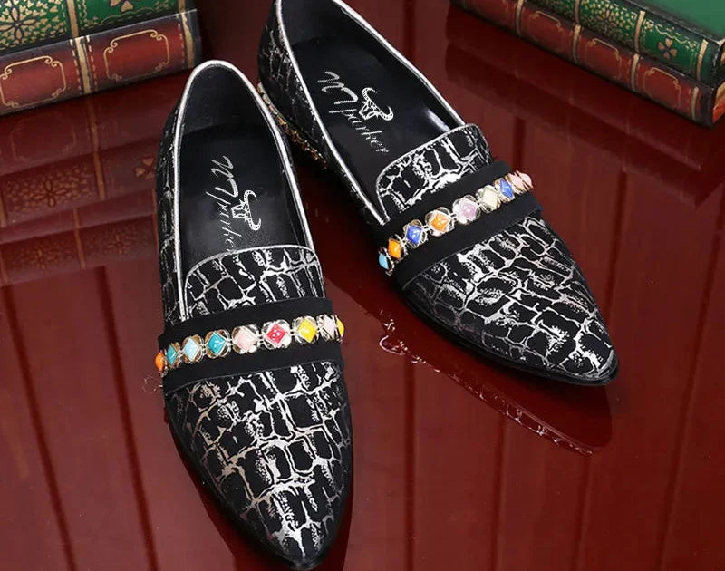 Men's Handmade Crystal Genuine Leather Slip-On Party Wedding Dress Shoes