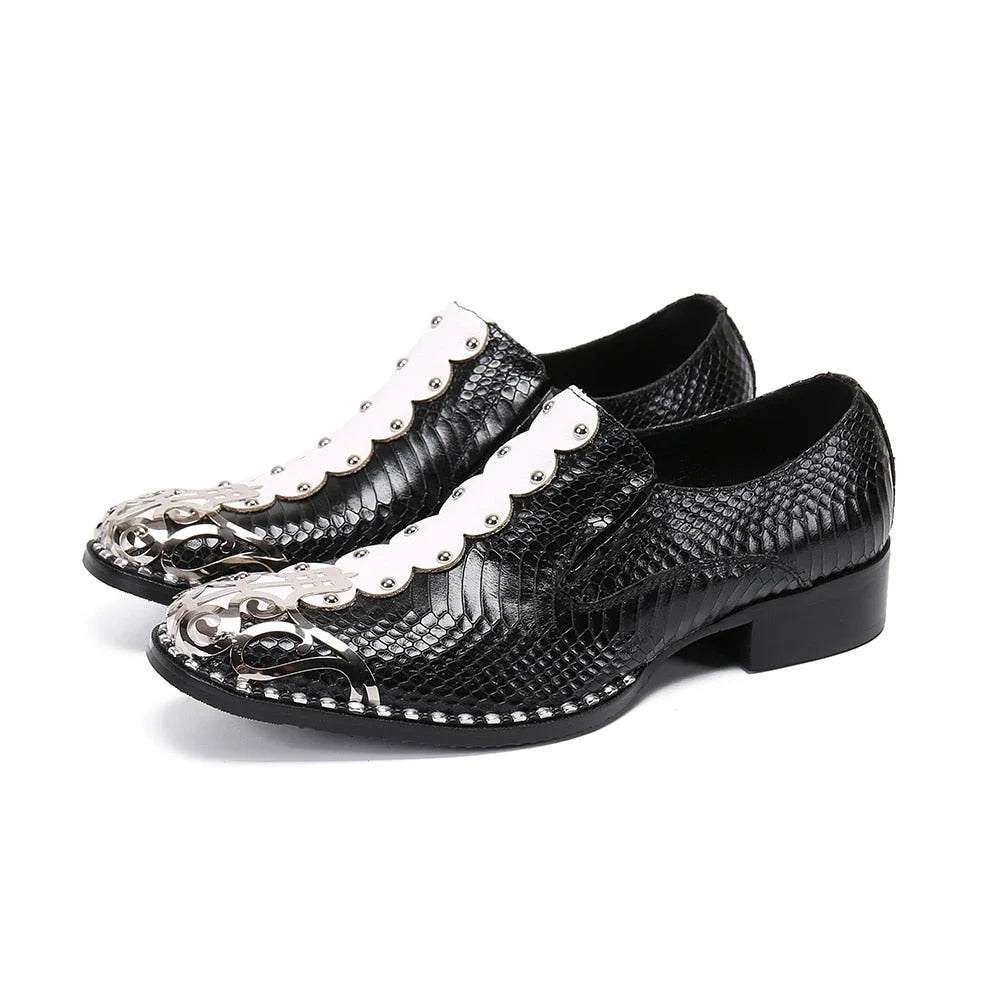 Men's Handmade Leather Round Metal Toe Black White Dress Shoes