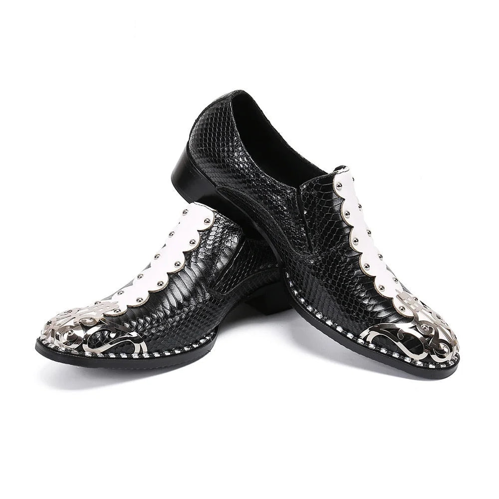 Men's Handmade Leather Round Metal Toe Black White Dress Shoes