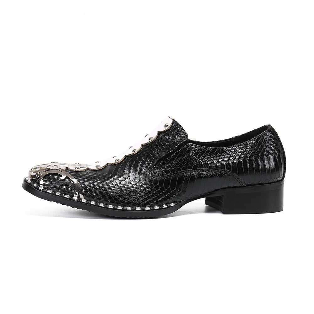 Men's Handmade Leather Round Metal Toe Black White Dress Shoes