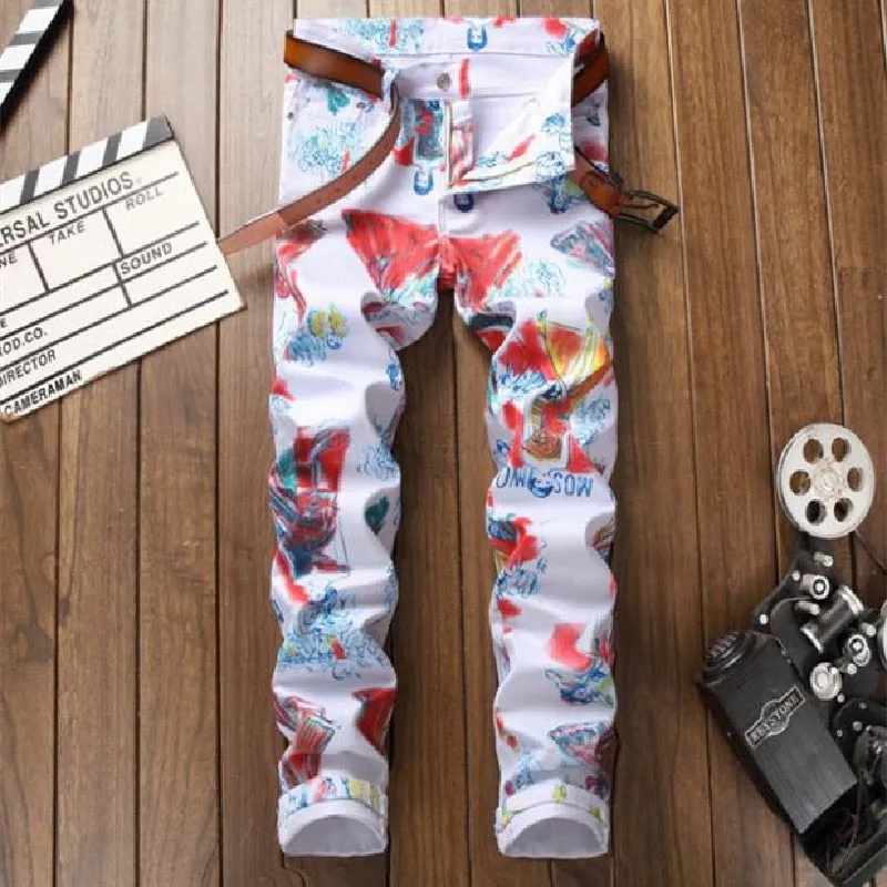 Men's Hip-Hop Style Digital Print Mid Waist Stretch Casual Skinny Trousers