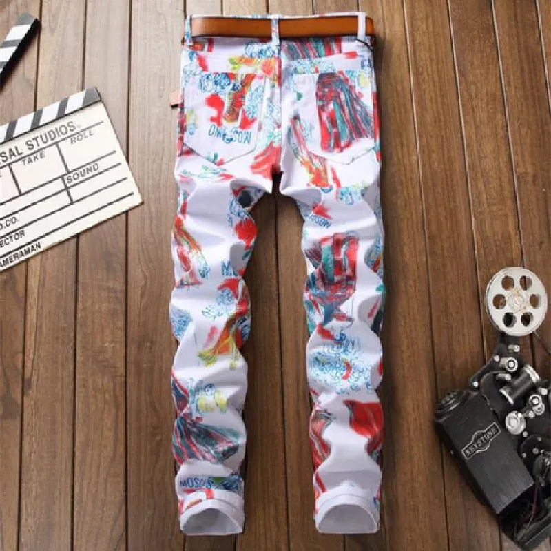 Men's Hip-Hop Style Digital Print Mid Waist Stretch Casual Skinny Trousers