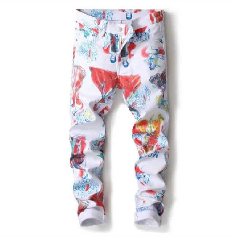 Men's Hip-Hop Style Digital Print Mid Waist Stretch Casual Skinny Trousers