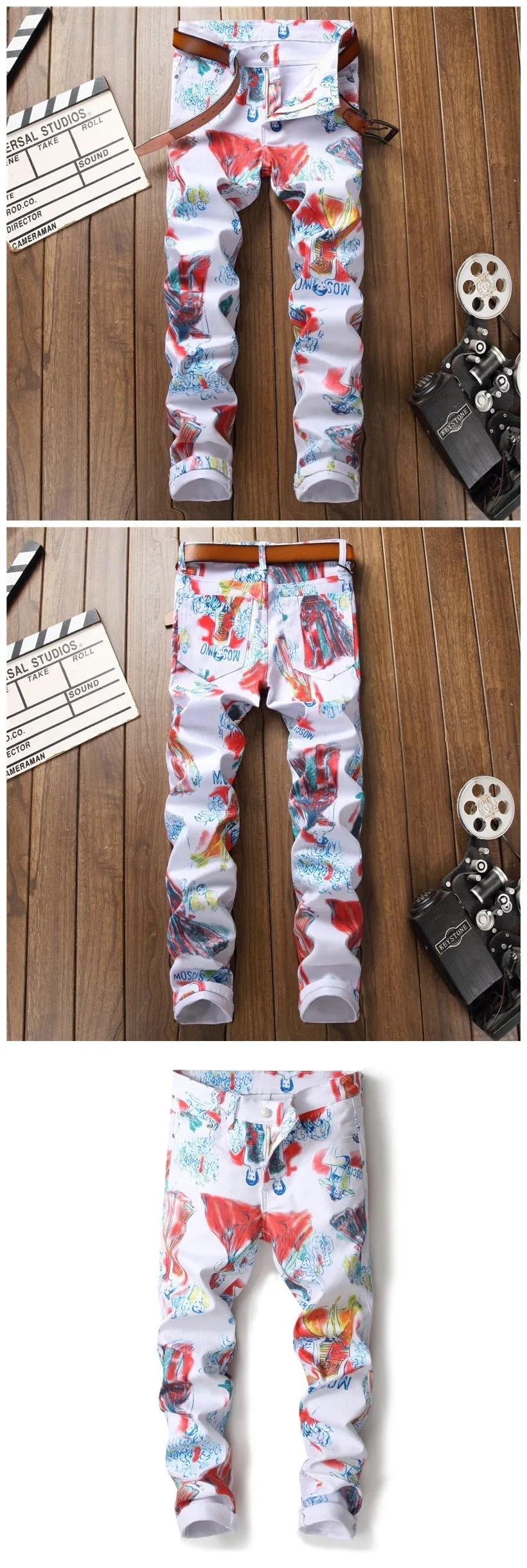 Men's Hip-Hop Style Digital Print Mid Waist Stretch Casual Skinny Trousers