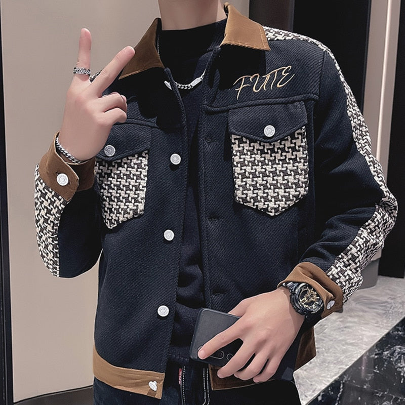 Men's Vintage Korean Slim Fit Geometric Pattern Motorcycle Bomber Jacket