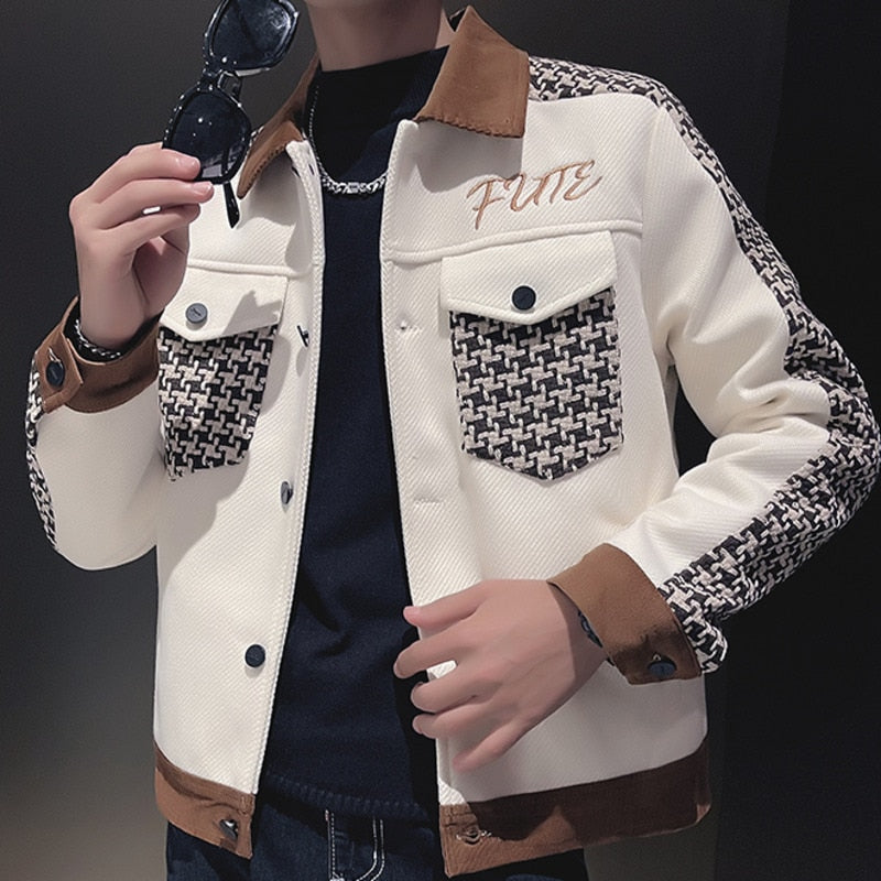 Men's Vintage Korean Slim Fit Geometric Pattern Motorcycle Bomber Jacket