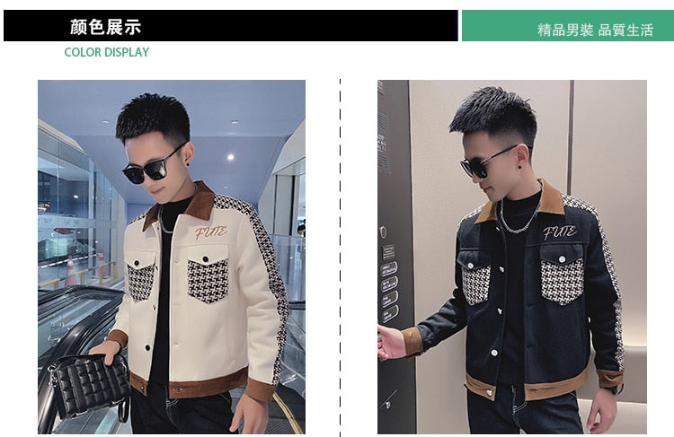 Men's Vintage Korean Slim Fit Geometric Pattern Motorcycle Bomber Jacket