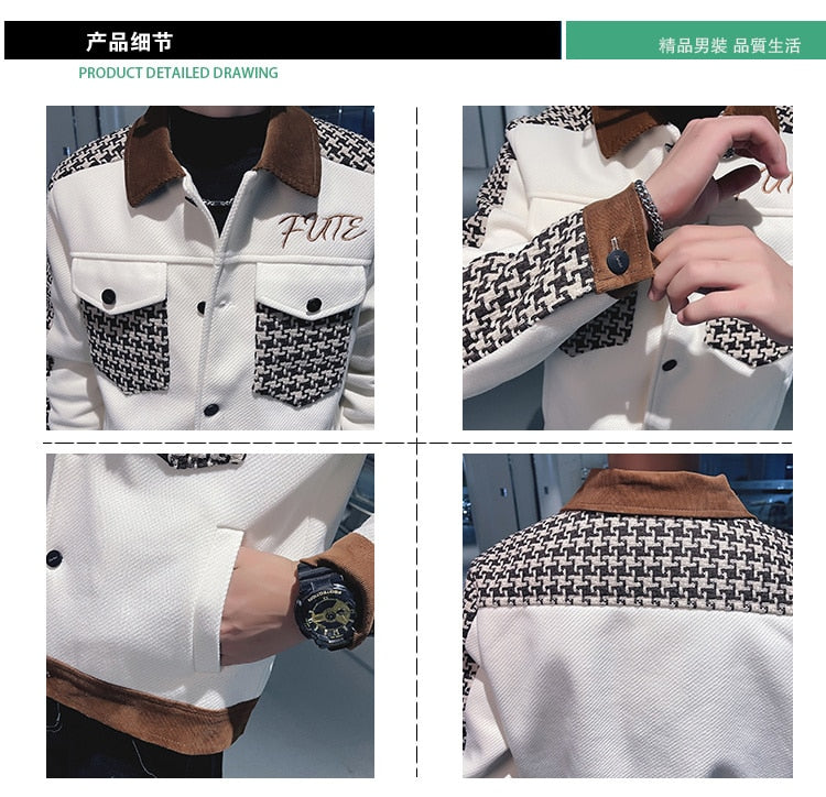 Men's Vintage Korean Slim Fit Geometric Pattern Motorcycle Bomber Jacket