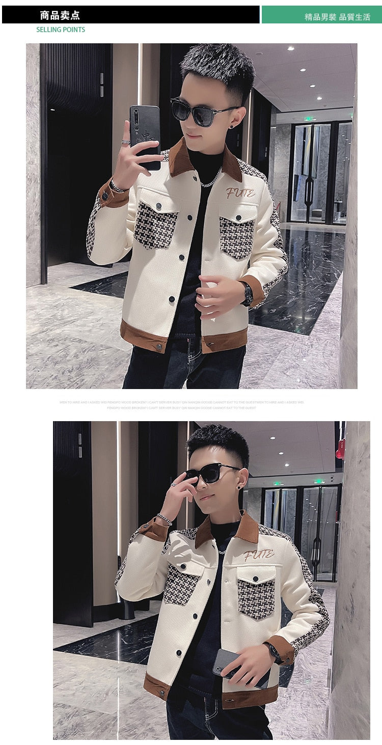 Men's Vintage Korean Slim Fit Geometric Pattern Motorcycle Bomber Jacket